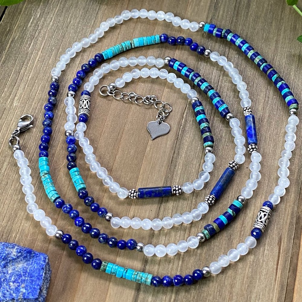 45" Long Selenite Turquoise Lapis Lazuli Necklace 925 Sterling Silver